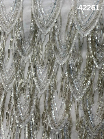 #42261 Silver Floral Hand-Beaded Fabric with Intricate Sequins & Beads
