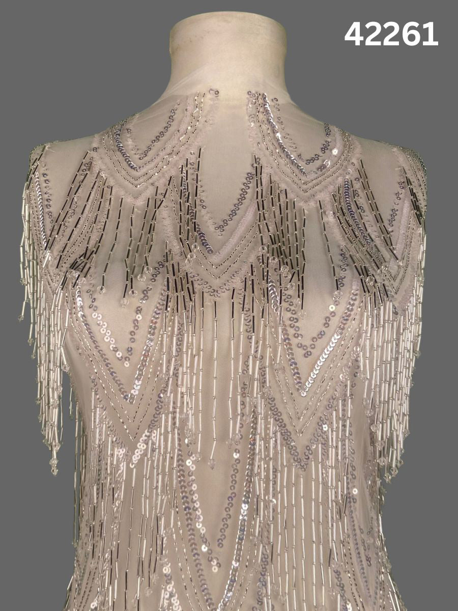 #42261 Silver Floral Hand-Beaded Fabric with Intricate Sequins & Beads