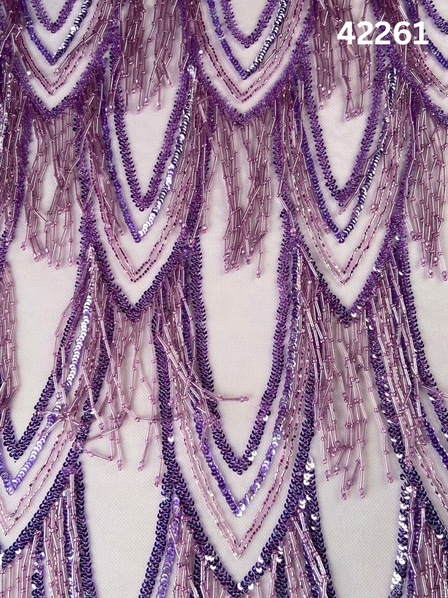 #42261 Silver Floral Hand-Beaded Fabric with Intricate Sequins & Beads