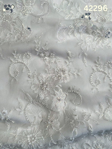 #42296 Elegant Hand-Beaded Lace Floral Appliqué – Ivory Beaded with Sequins and Beads