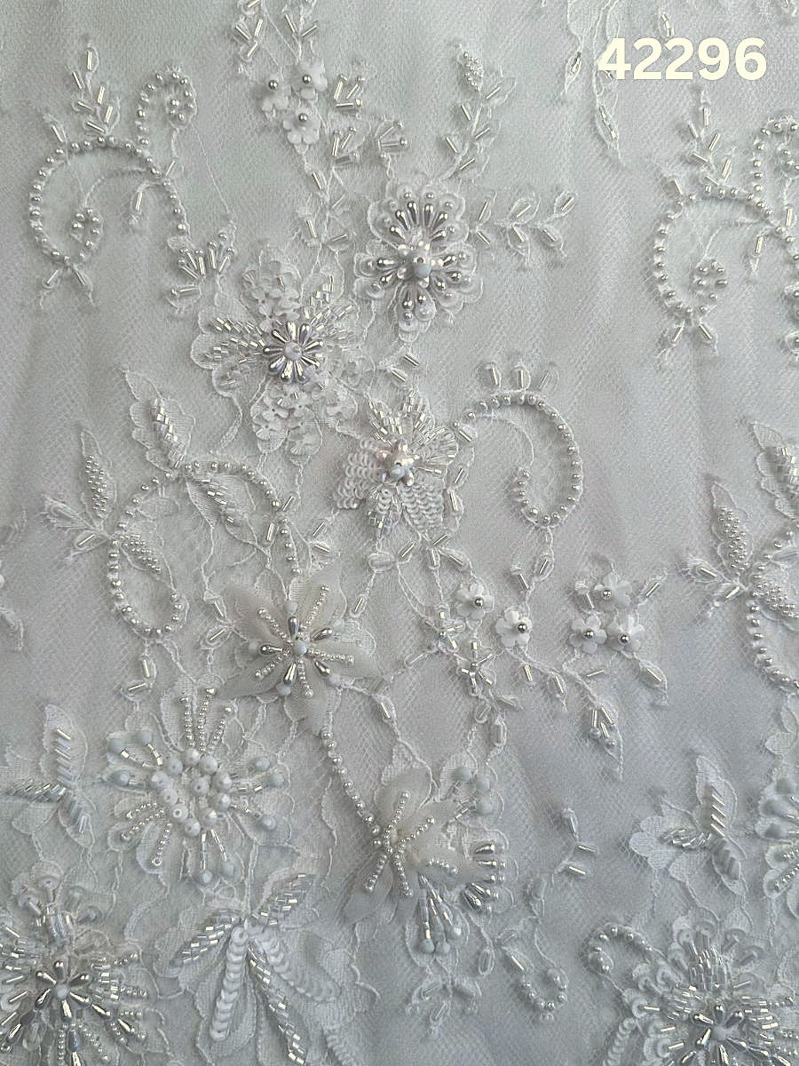 #42296 Elegant Hand-Beaded Lace Floral Appliqué – Ivory Beaded with Sequins and Beads