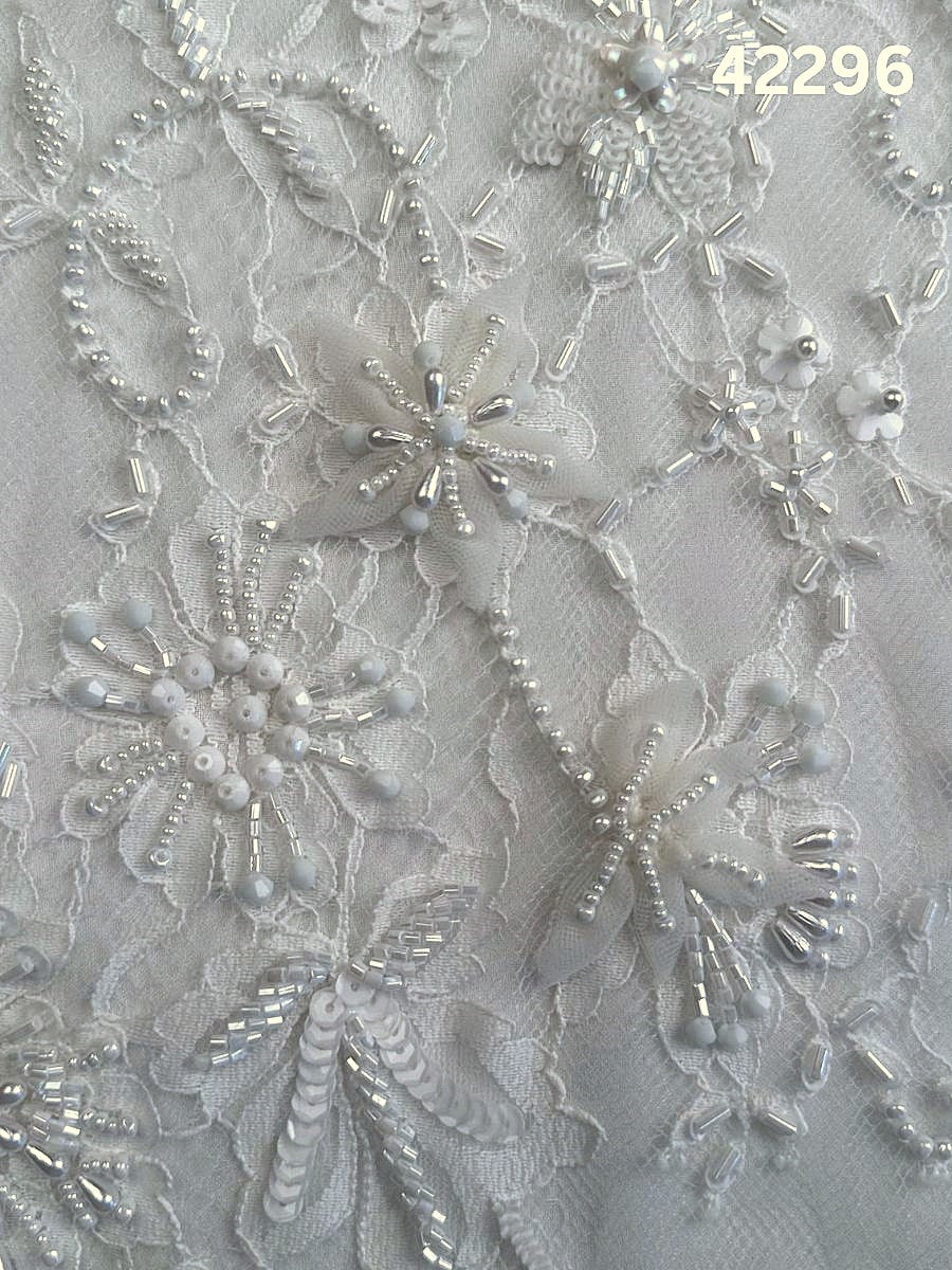 #42296 Elegant Hand-Beaded Lace Floral Appliqué – Ivory Beaded with Sequins and Beads