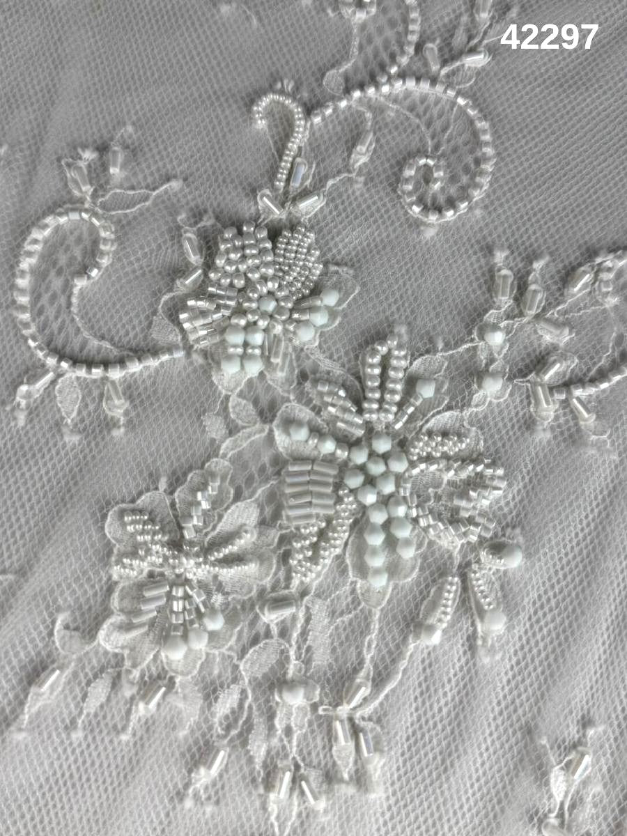 #42297 Exquisite Beaded Lace with Floral Design, Adorned with Beads, Crystals, and Sequins – A Timeless Elegance for Luxe Embellishments