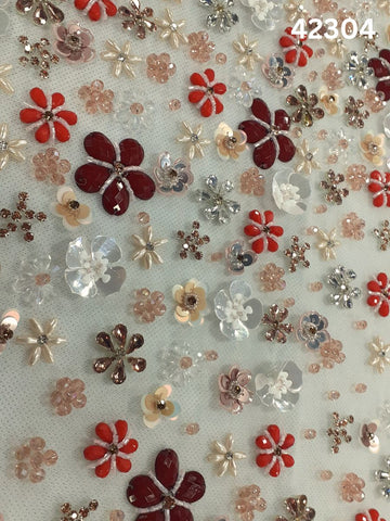 #42304  Multi colour Floral Hand-Beaded Fabric with Dimensional Beads