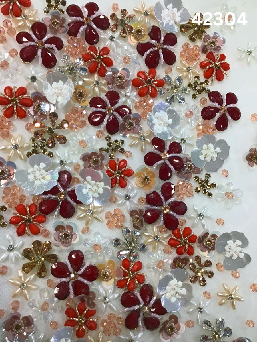 #42304  Multi colour Floral Hand-Beaded Fabric with Dimensional Beads