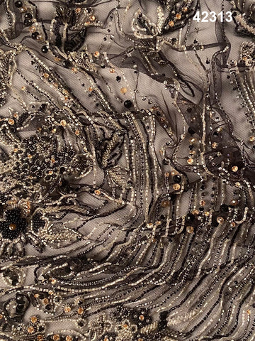 #42313 Luxurious Hand-Beaded Fabric in Floral Design – Intricately Embellished with Rhinestones, Exotic Beads, and Crystals for Couture, Eveningwear, and Bridal Fashion