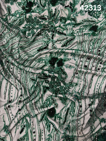 #42313 Exquisite Hand-Beaded Fabric – Floral & Abstract Design Adorned with Beads and Rhinestones for Luxurious Creations