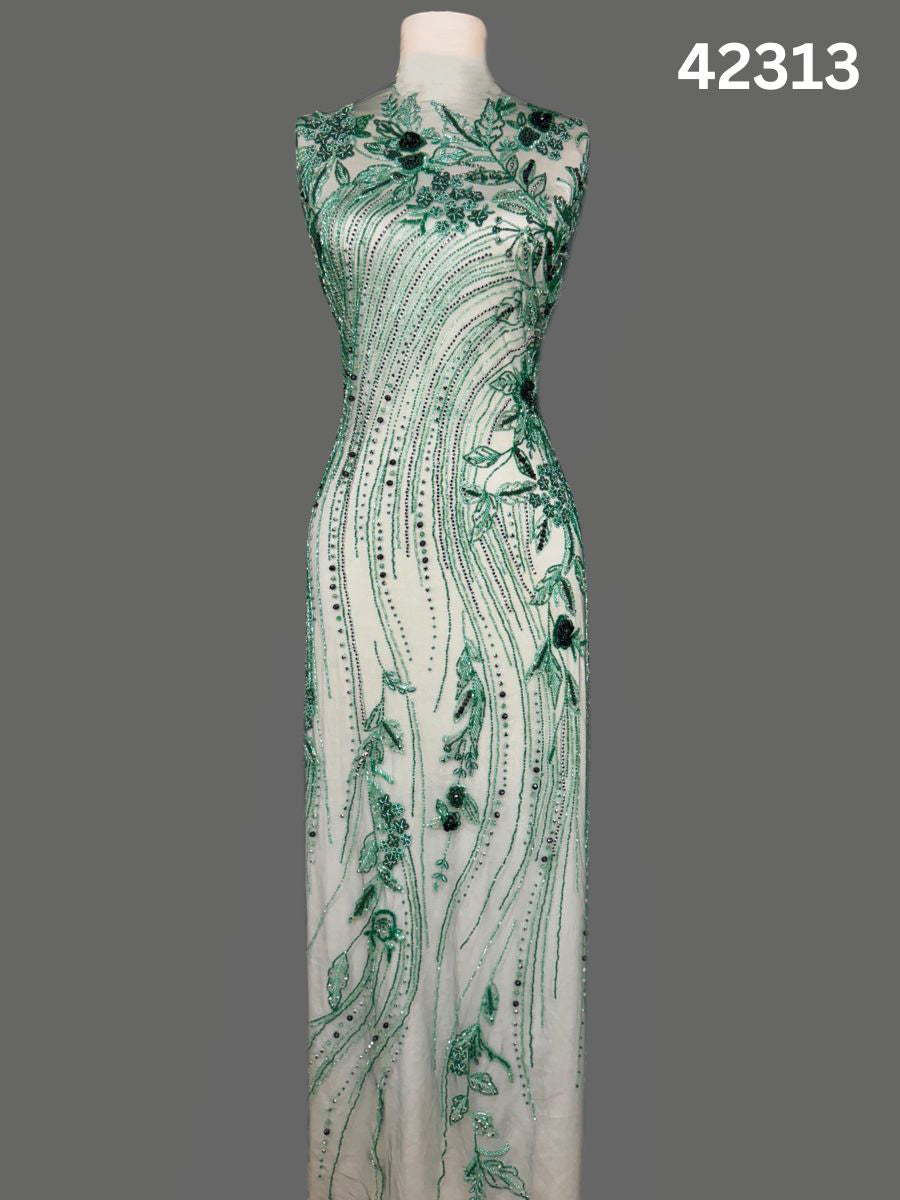 #42313 Exquisite Hand-Beaded Fabric – Floral & Abstract Design Adorned with Beads and Rhinestones for Luxurious Creations