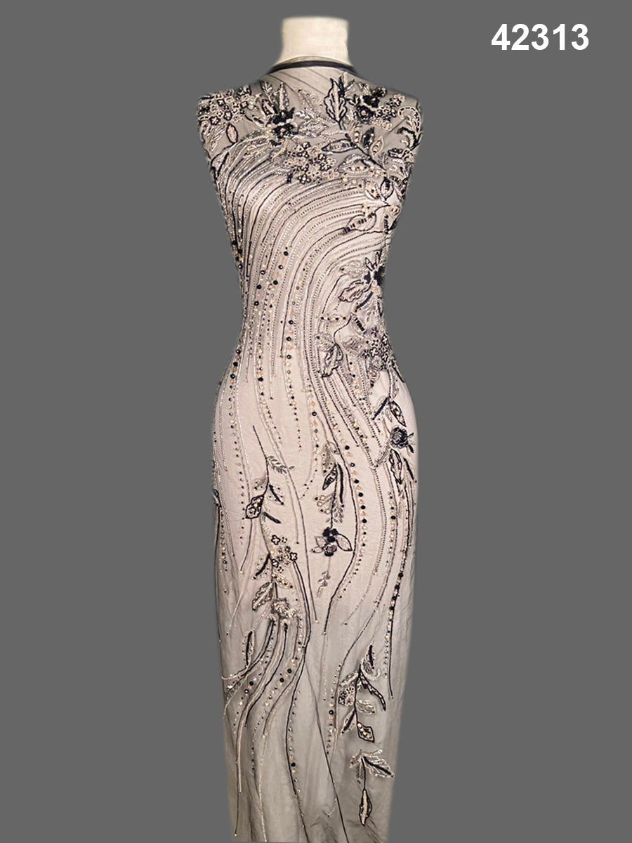 #42313 Luxurious Hand-Beaded Fabric in Floral Design – Intricately Embellished with Rhinestones, Exotic Beads, and Crystals for Couture, Eveningwear, and Bridal Fashion