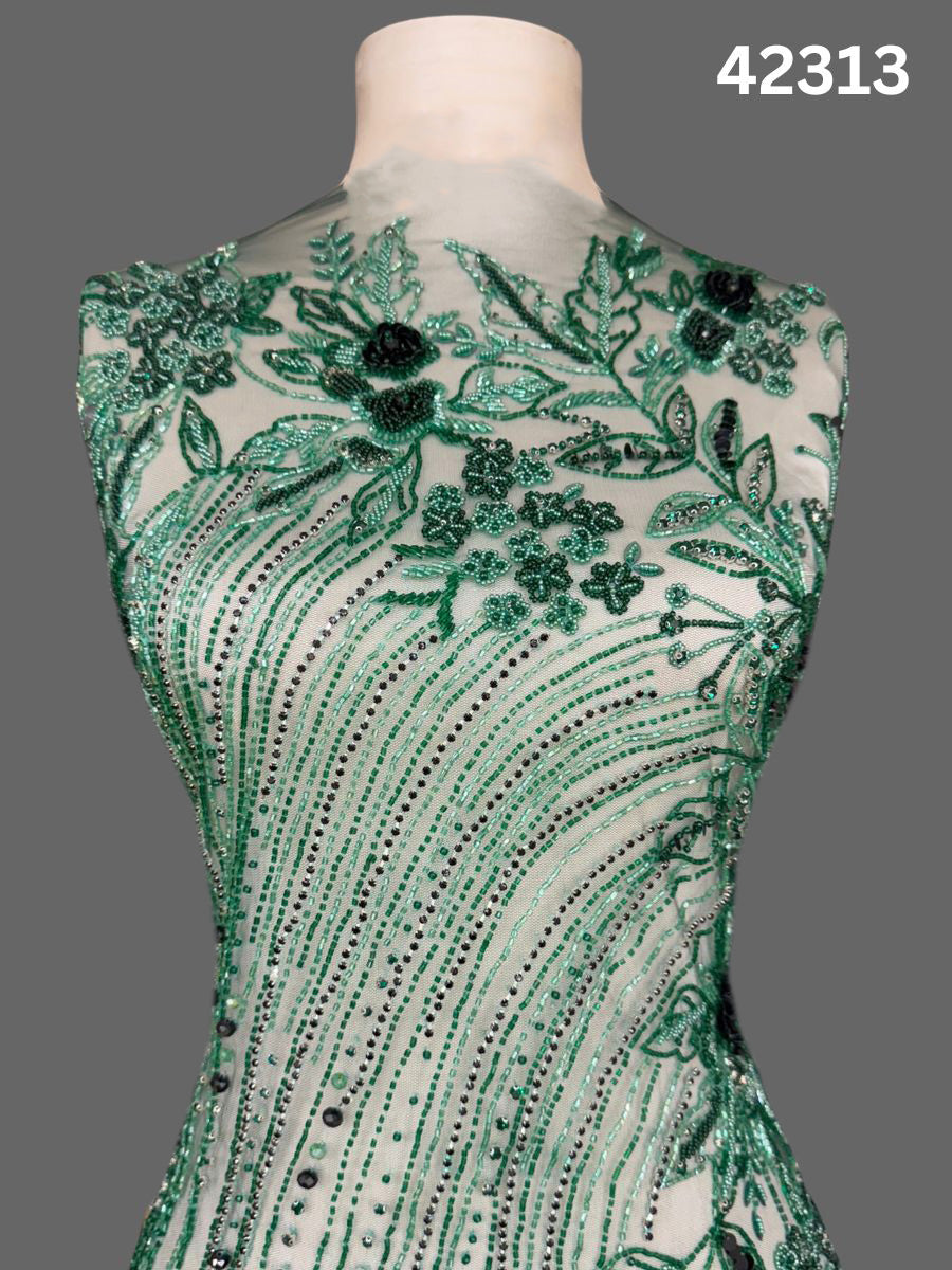 #42313 Exquisite Hand-Beaded Fabric – Floral & Abstract Design Adorned with Beads and Rhinestones for Luxurious Creations