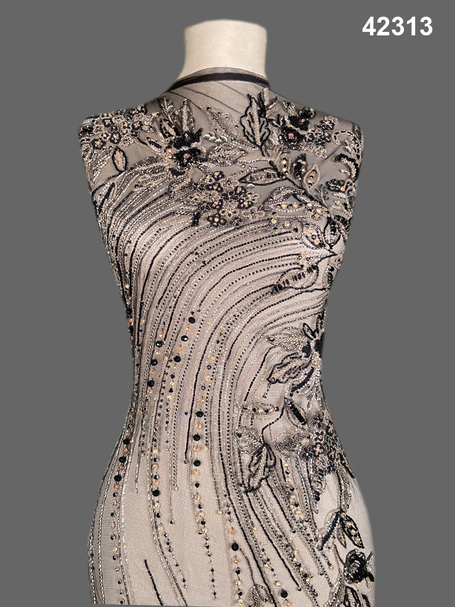 #42313 Luxurious Hand-Beaded Fabric in Floral Design – Intricately Embellished with Rhinestones, Exotic Beads, and Crystals for Couture, Eveningwear, and Bridal Fashion
