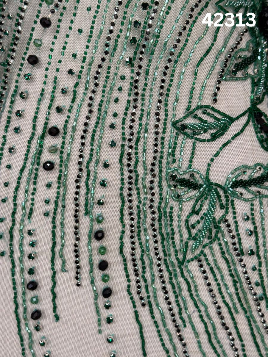 #42313 Exquisite Hand-Beaded Fabric – Floral & Abstract Design Adorned with Beads and Rhinestones for Luxurious Creations