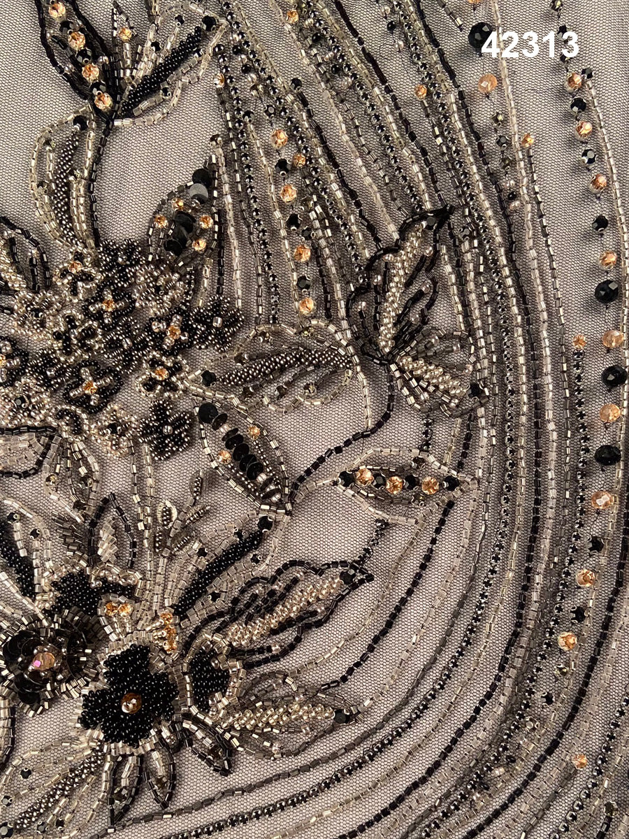 #42313 Luxurious Hand-Beaded Fabric in Floral Design – Intricately Embellished with Rhinestones, Exotic Beads, and Crystals for Couture, Eveningwear, and Bridal Fashion