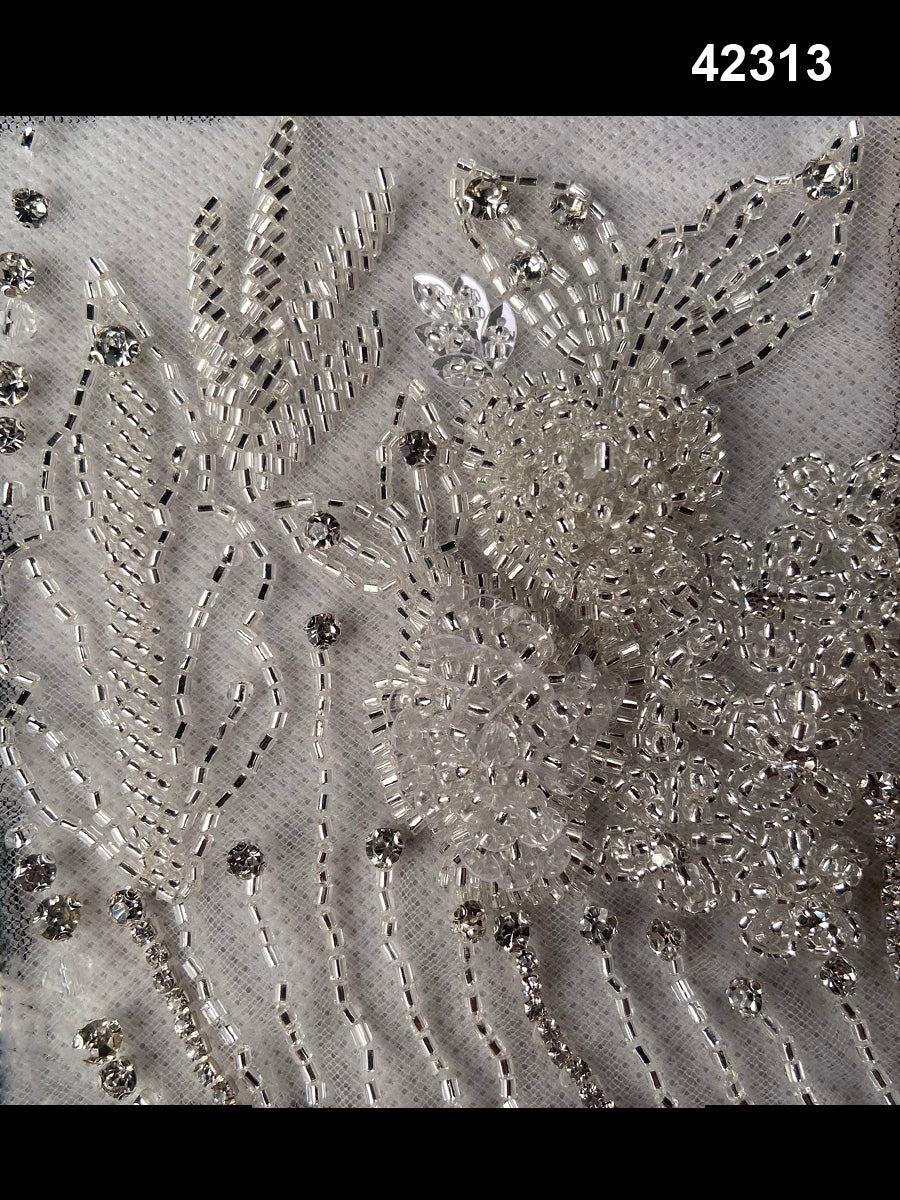 #42313 Luxurious Hand-Beaded Fabric in Floral Design – Intricately Embellished with Rhinestones, Exotic Beads, and Crystals for Couture, Eveningwear, and Bridal Fashion