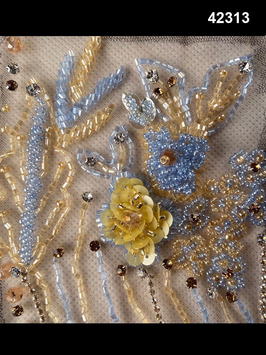 #42313 Luxurious Hand-Beaded Fabric in Floral Design – Intricately Embellished with Rhinestones, Exotic Beads, and Crystals for Couture, Eveningwear, and Bridal Fashion