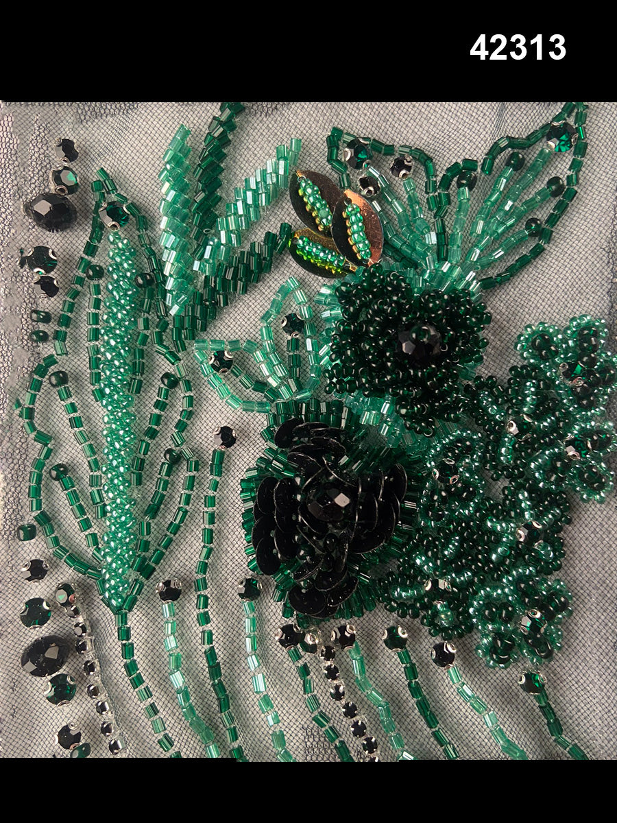 #42313 Luxurious Hand-Beaded Fabric in Floral Design – Intricately Embellished with Rhinestones, Exotic Beads, and Crystals for Couture, Eveningwear, and Bridal Fashion