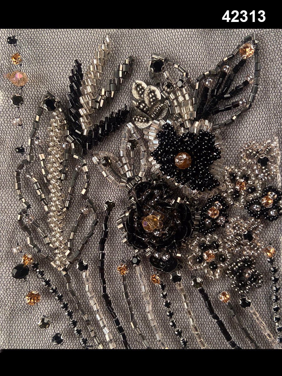 #42313 Luxurious Hand-Beaded Fabric in Floral Design – Intricately Embellished with Rhinestones, Exotic Beads, and Crystals for Couture, Eveningwear, and Bridal Fashion