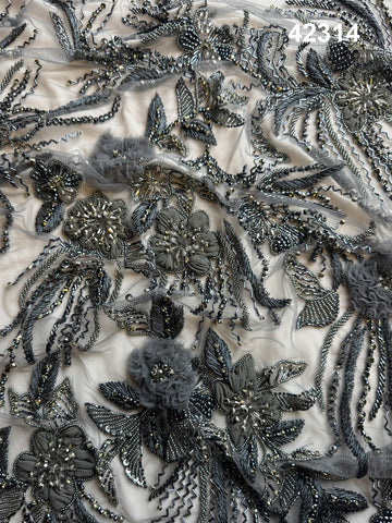 #42314 Exquisite Hand Beaded Floral Fabric with Intricate Appliqué, Sequin, Rhinestone, and Thread Embroidery – Luxe Artisan Textile for Couture, Bridal, and Occasion Wear