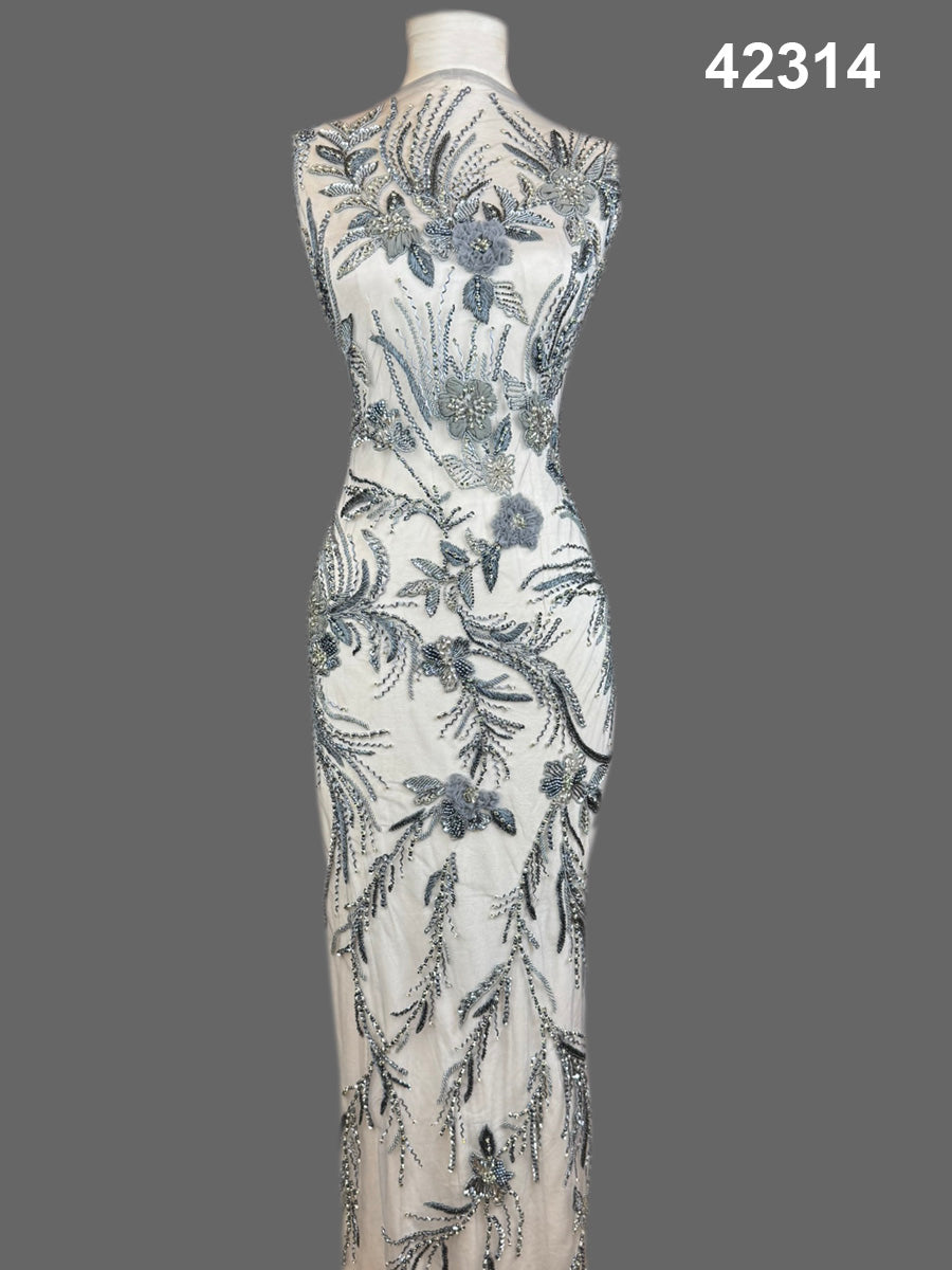 #42314 Exquisite Hand Beaded Floral Fabric with Intricate Appliqué, Sequin, Rhinestone, and Thread Embroidery – Luxe Artisan Textile for Couture, Bridal, and Occasion Wear