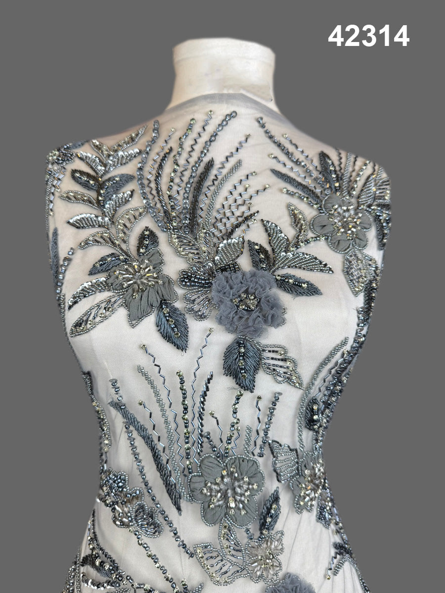#42314 Exquisite Hand Beaded Floral Fabric with Intricate Appliqué, Sequin, Rhinestone, and Thread Embroidery – Luxe Artisan Textile for Couture, Bridal, and Occasion Wear
