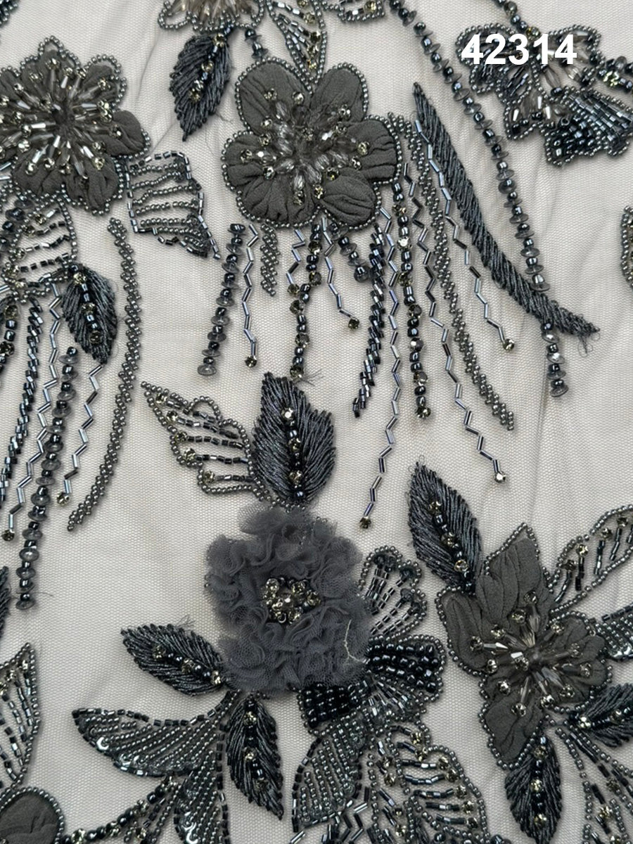 #42314 Exquisite Hand Beaded Floral Fabric with Intricate Appliqué, Sequin, Rhinestone, and Thread Embroidery – Luxe Artisan Textile for Couture, Bridal, and Occasion Wear