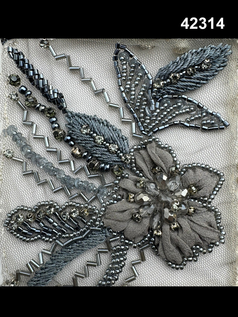 #42314 Exquisite Hand Beaded Floral Fabric with Intricate Appliqué, Sequin, Rhinestone, and Thread Embroidery – Luxe Artisan Textile for Couture, Bridal, and Occasion Wear
