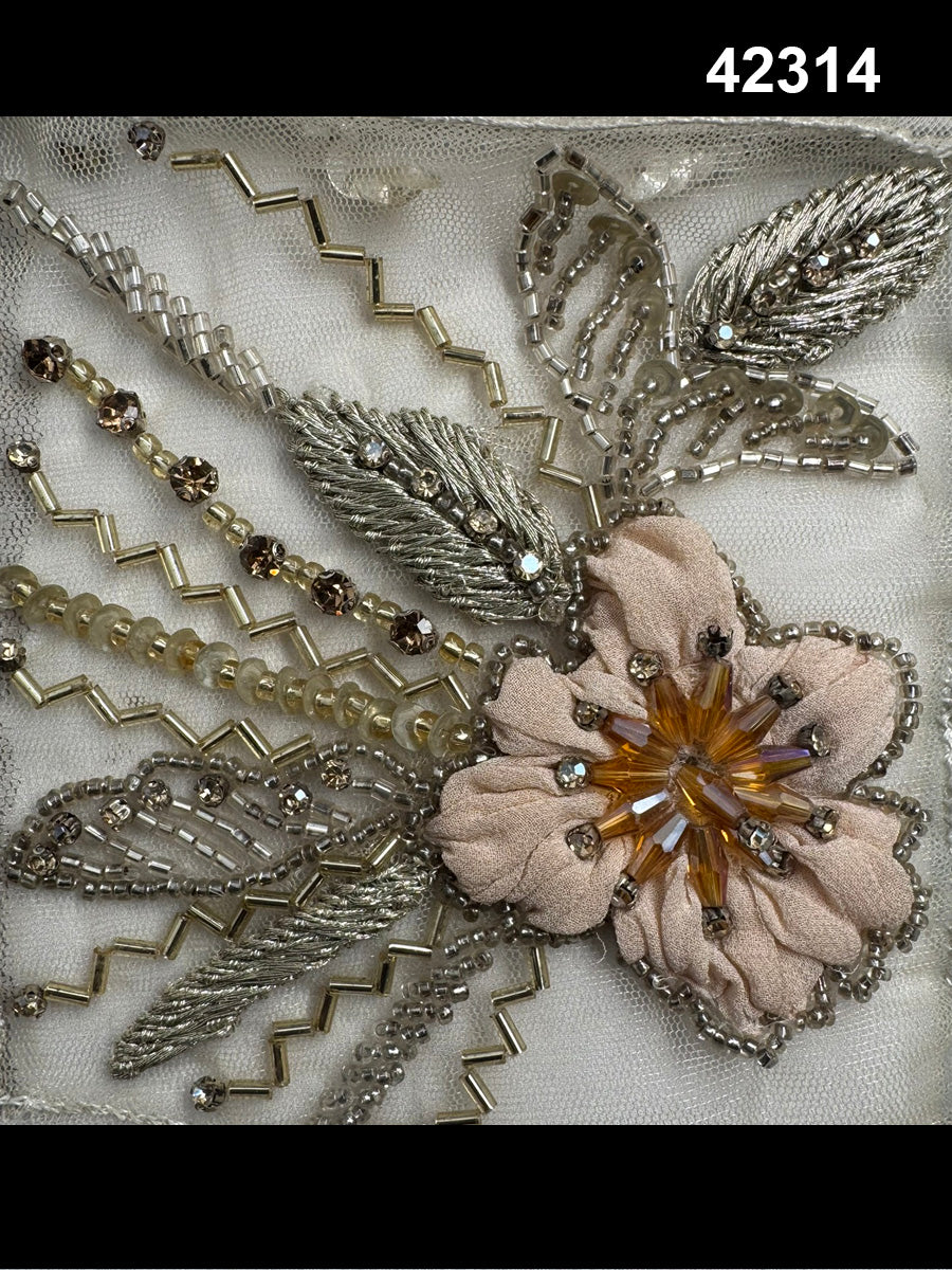 #42314 Exquisite Hand Beaded Floral Fabric with Intricate Appliqué, Sequin, Rhinestone, and Thread Embroidery – Luxe Artisan Textile for Couture, Bridal, and Occasion Wear