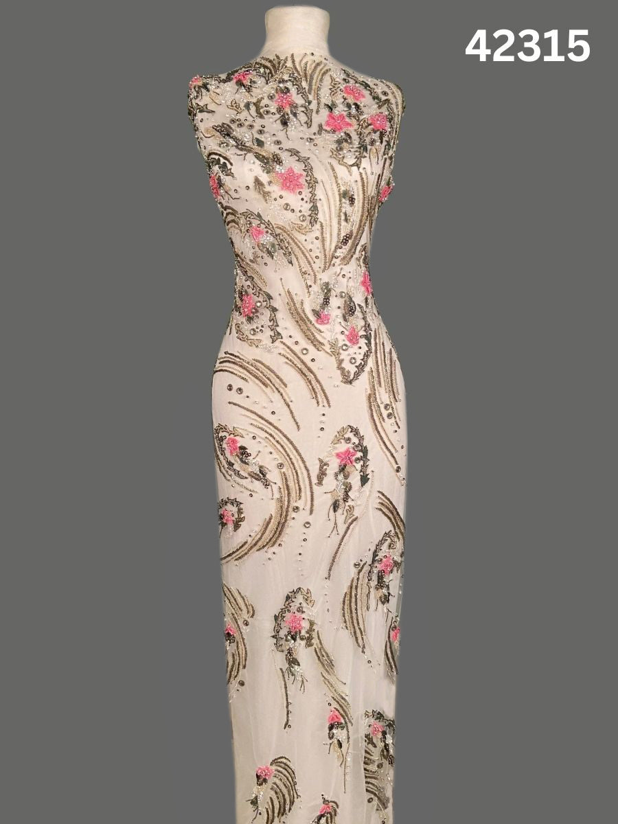#42315 Hand-Beaded Fabric with Floral Design – Intricately Embellished with Sequins, Rhinestones, and Beads for Couture, Bridal, and High-Fashion Creations