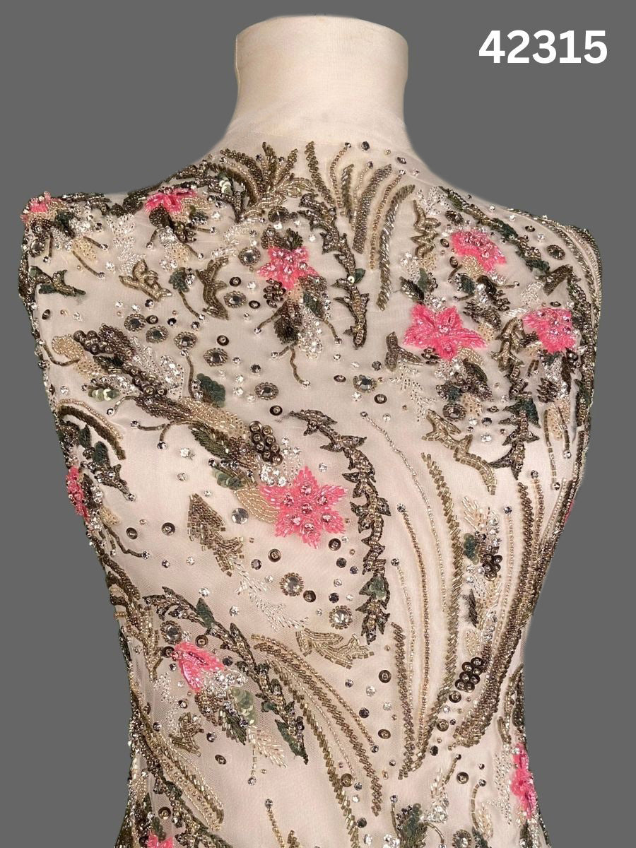 #42315 Hand-Beaded Fabric with Floral Design – Intricately Embellished with Sequins, Rhinestones, and Beads for Couture, Bridal, and High-Fashion Creations