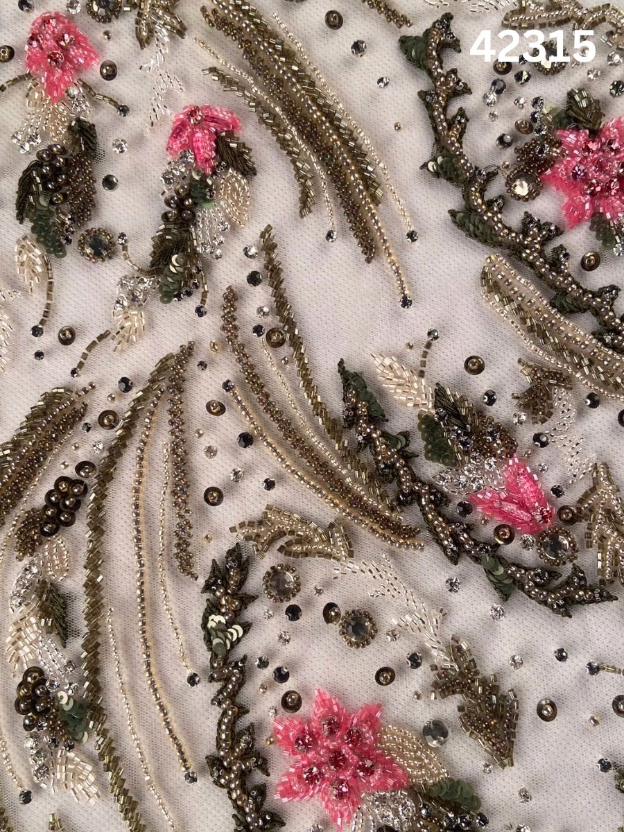 #42315 Hand-Beaded Fabric with Floral Design – Intricately Embellished with Sequins, Rhinestones, and Beads for Couture, Bridal, and High-Fashion Creations