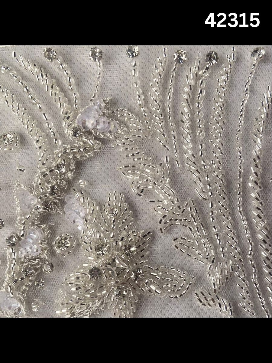 #42315 Hand-Beaded Fabric with Floral Design – Intricately Embellished with Sequins, Rhinestones, and Beads for Couture, Bridal, and High-Fashion Creations