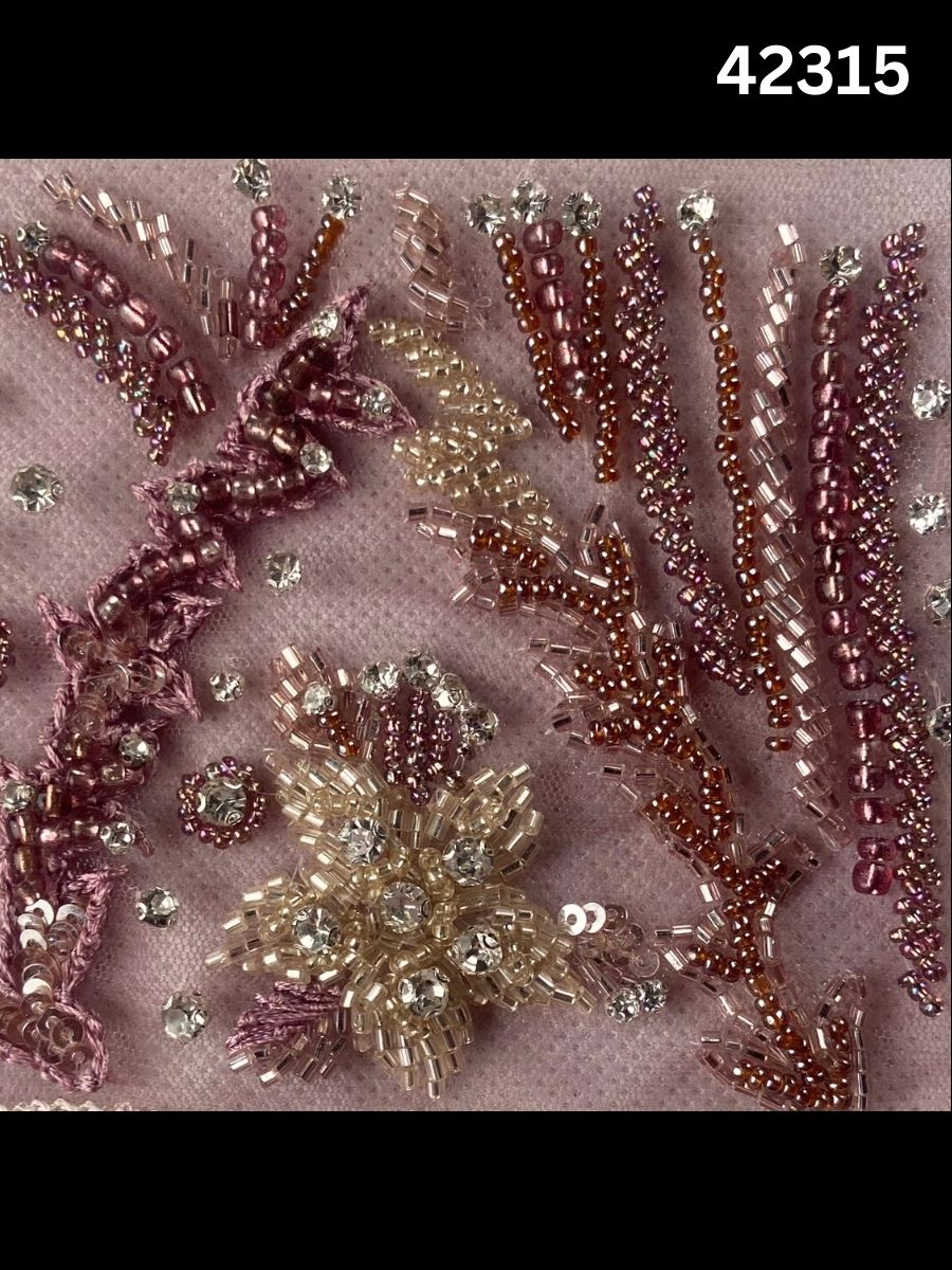 #42315 Hand-Beaded Fabric with Floral Design – Intricately Embellished with Sequins, Rhinestones, and Beads for Couture, Bridal, and High-Fashion Creations