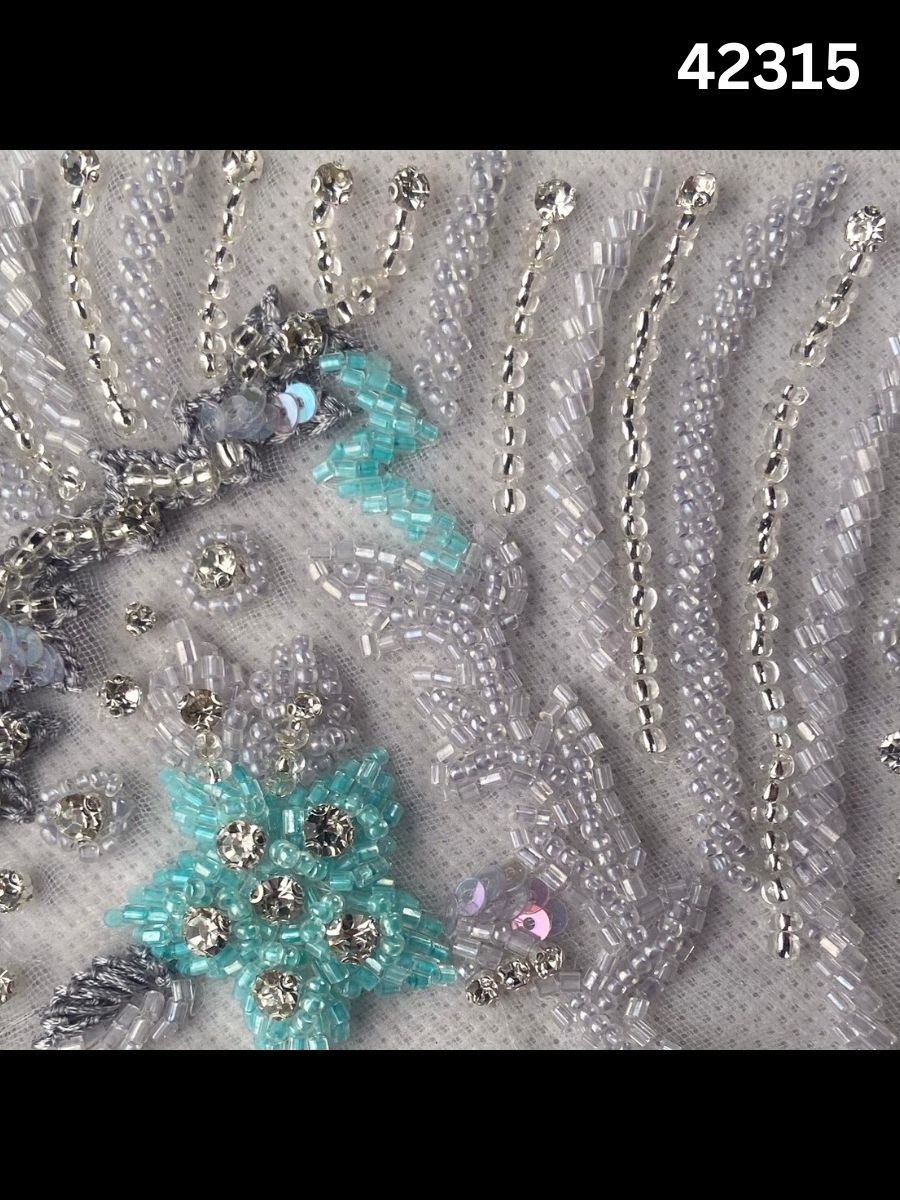 #42315 Hand-Beaded Fabric with Floral Design – Intricately Embellished with Sequins, Rhinestones, and Beads for Couture, Bridal, and High-Fashion Creations