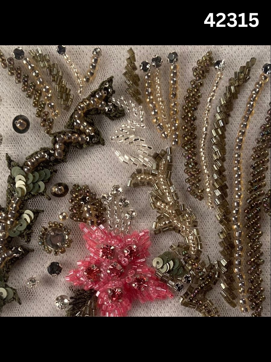 #42315 Hand-Beaded Fabric with Floral Design – Intricately Embellished with Sequins, Rhinestones, and Beads for Couture, Bridal, and High-Fashion Creations