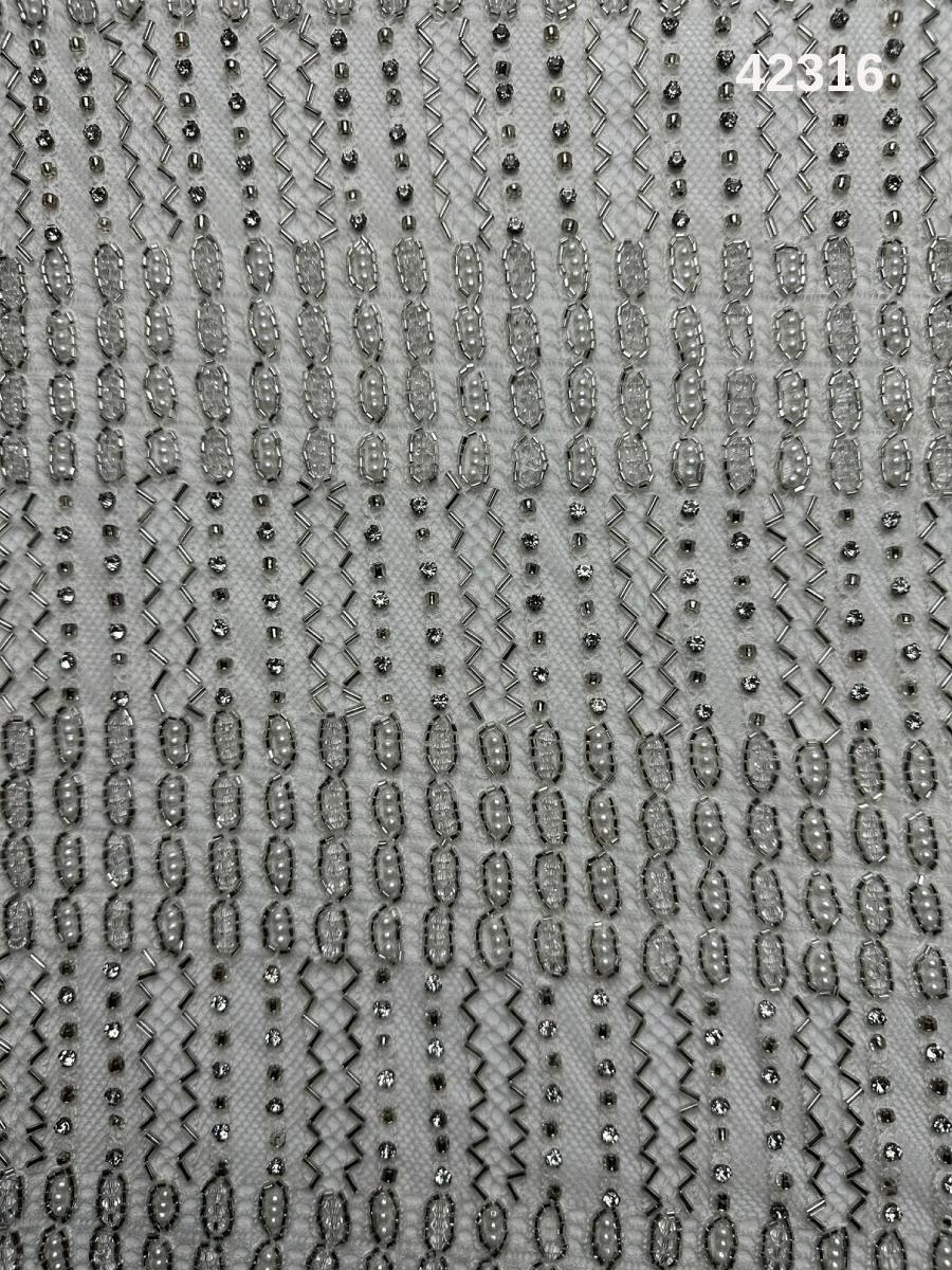 #42316 Elegant Silver Geometric Lines Design Fabric Beaded with Crystals, Pearls, Rhinestones, and Beads – Perfect for Couture, Evening Wear, Bridal Gowns, and High-End Embellishments