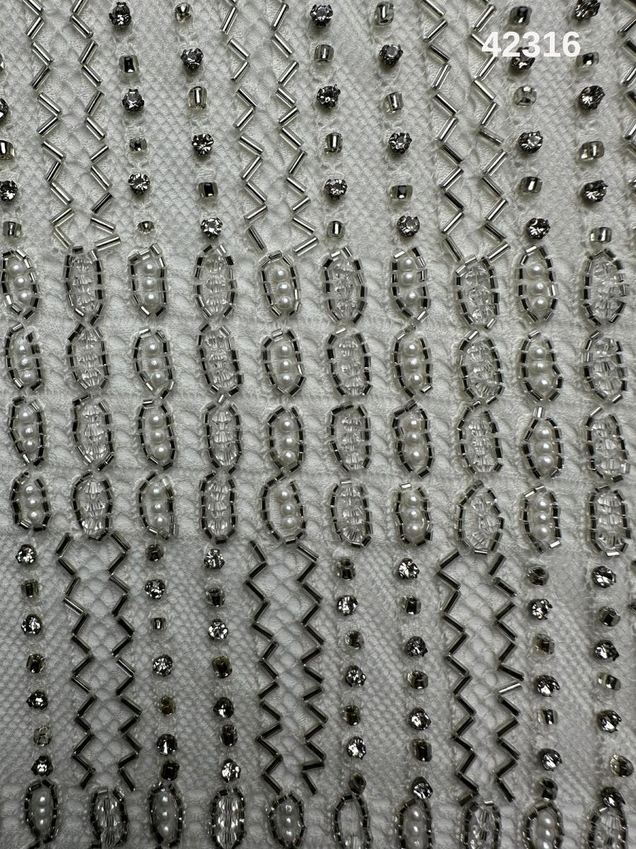 #42316 Elegant Silver Geometric Lines Design Fabric Beaded with Crystals, Pearls, Rhinestones, and Beads – Perfect for Couture, Evening Wear, Bridal Gowns, and High-End Embellishments