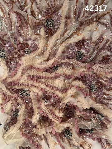 #42317 Exquisite Hand-Beaded Floral Fabric Embellished with Crystals, Sequins & Rhinestones – Luxurious Artisanal Embroidery for Couture & Special Occasion Wear
