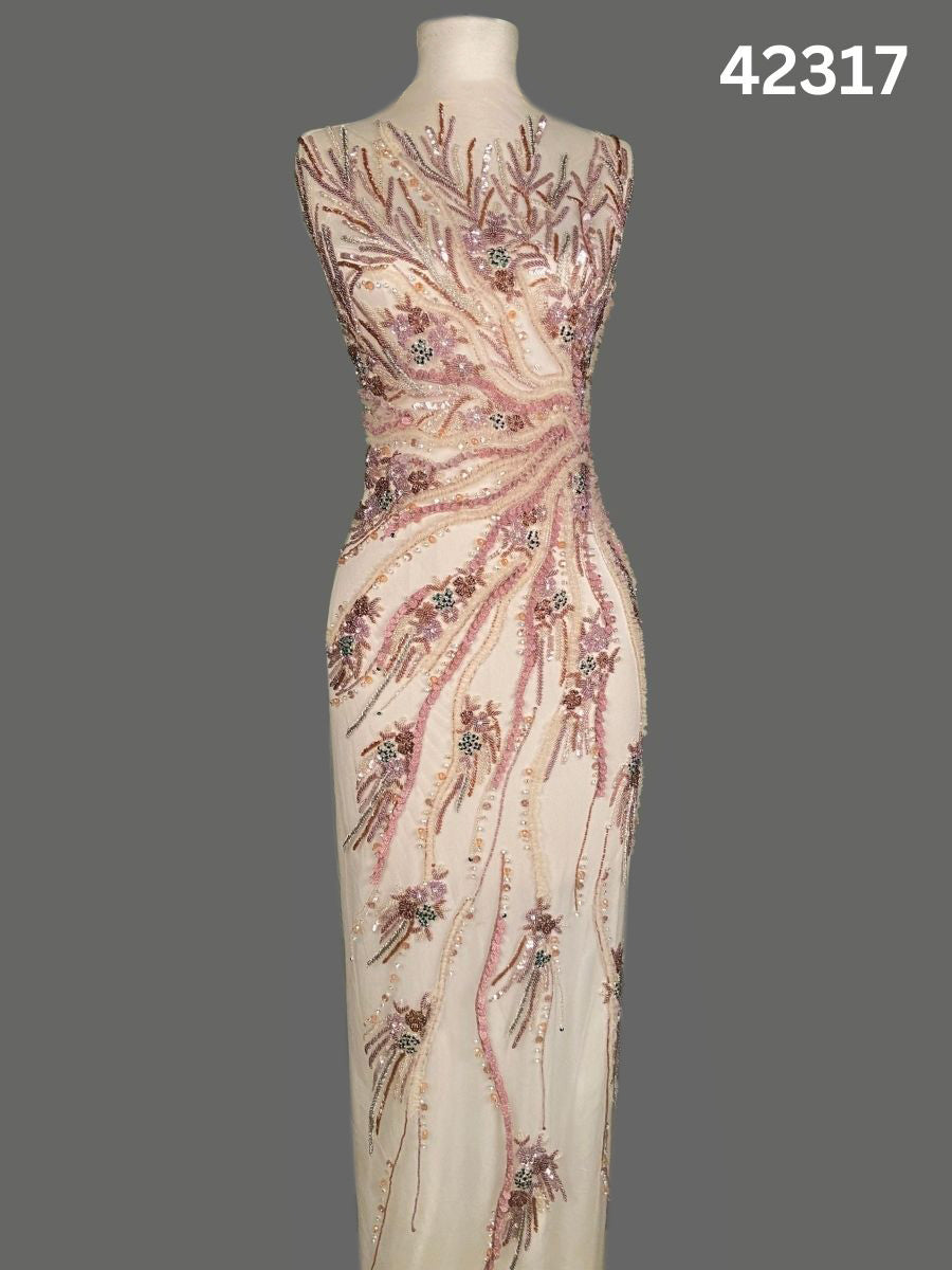 #42317 Exquisite Hand-Beaded Floral Fabric Embellished with Crystals, Sequins & Rhinestones – Luxurious Artisanal Embroidery for Couture & Special Occasion Wear
