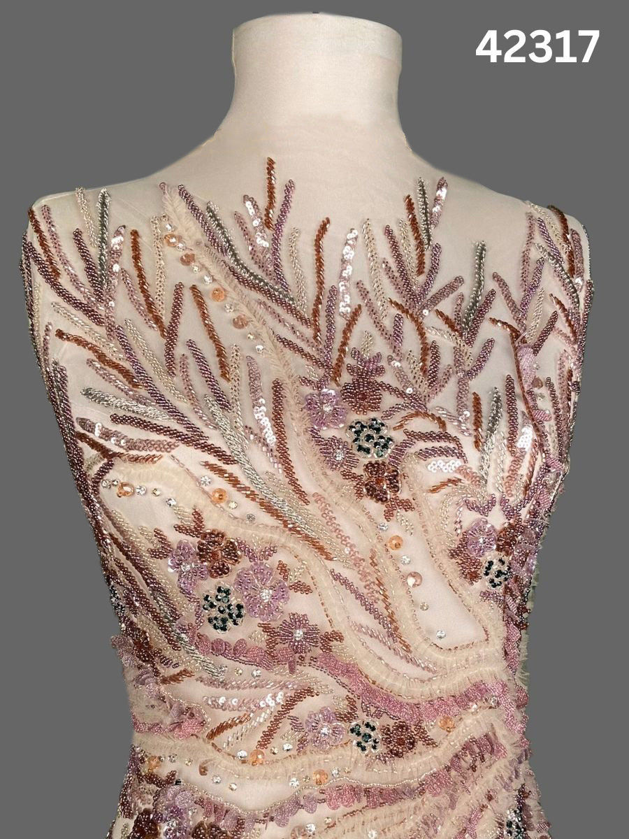 #42317 Exquisite Hand-Beaded Floral Fabric Embellished with Crystals, Sequins & Rhinestones – Luxurious Artisanal Embroidery for Couture & Special Occasion Wear