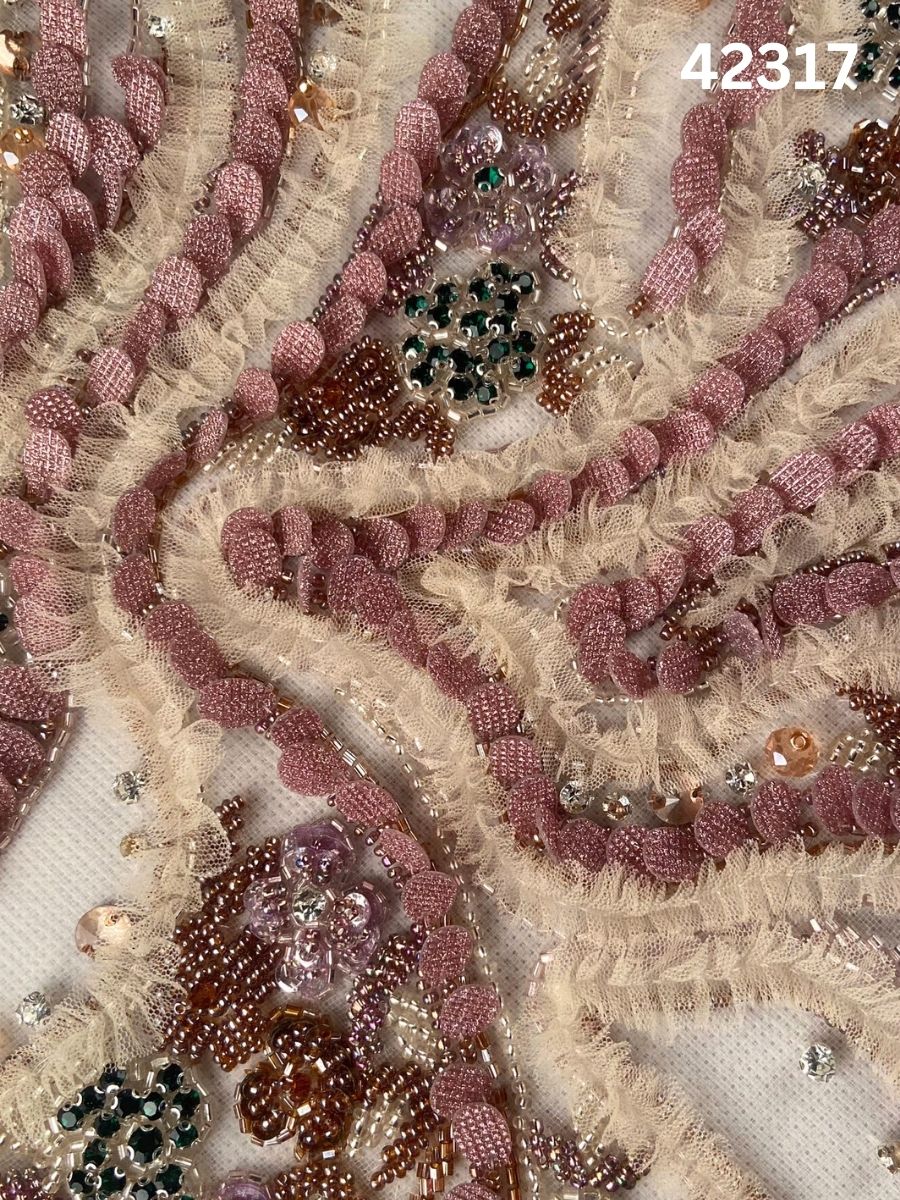 #42317 Exquisite Hand-Beaded Floral Fabric Embellished with Crystals, Sequins & Rhinestones – Luxurious Artisanal Embroidery for Couture & Special Occasion Wear