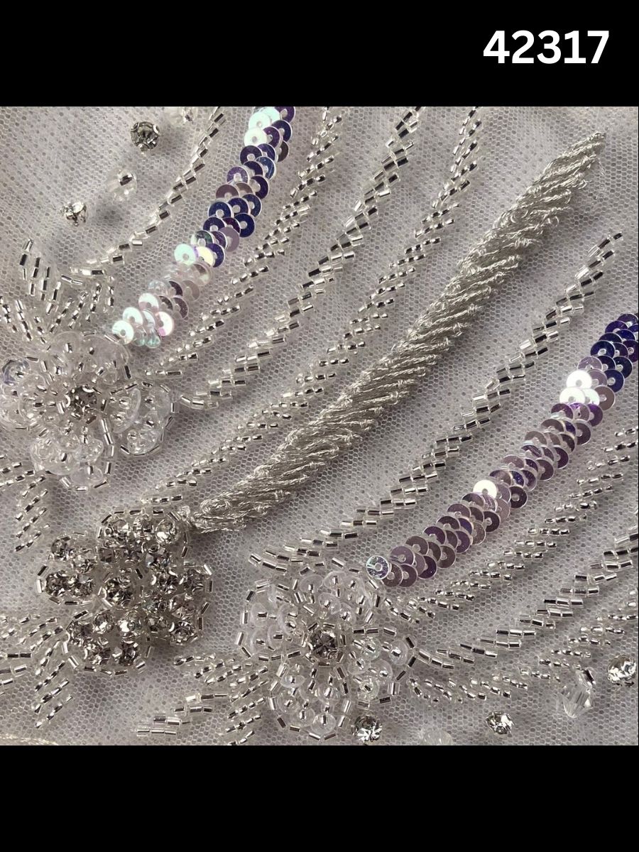 #42317 Exquisite Hand-Beaded Floral Fabric Embellished with Crystals, Sequins & Rhinestones – Luxurious Artisanal Embroidery for Couture & Special Occasion Wear