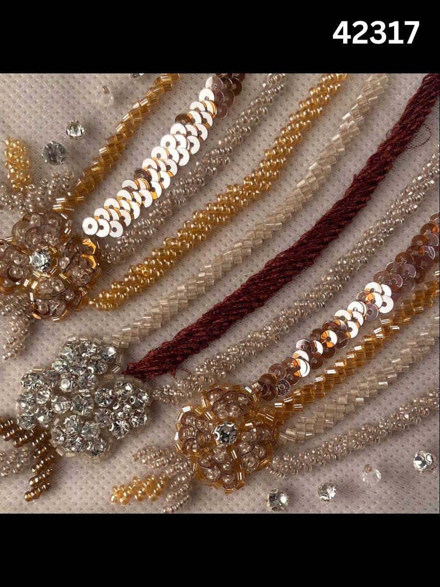 #42317 Exquisite Hand-Beaded Floral Fabric Embellished with Crystals, Sequins & Rhinestones – Luxurious Artisanal Embroidery for Couture & Special Occasion Wear
