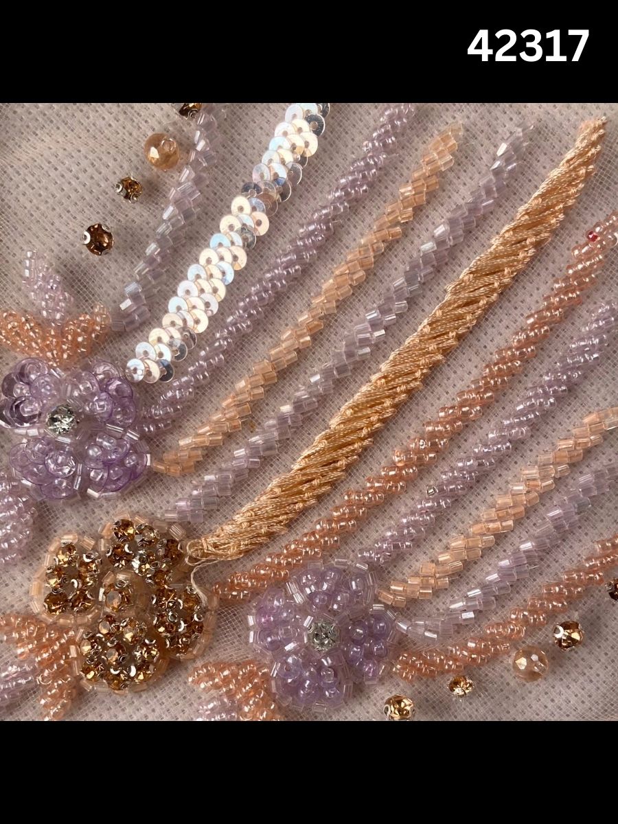 #42317 Exquisite Hand-Beaded Floral Fabric Embellished with Crystals, Sequins & Rhinestones – Luxurious Artisanal Embroidery for Couture & Special Occasion Wear