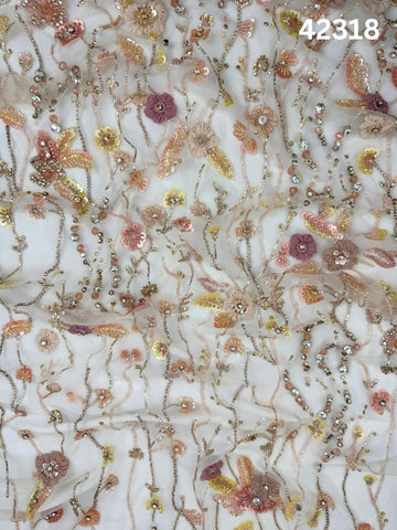 #42318 Exquisite Hand-Beaded Floral Fabric with 3D Appliqués, Rhinestones, Sequins, Beads & Crystals – Luxury Embellished Textile for Couture, Bridal, and Eveningwear