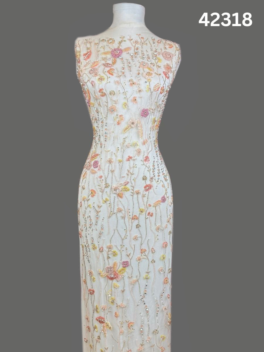 #42318 Exquisite Hand-Beaded Floral Fabric with 3D Appliqués, Rhinestones, Sequins, Beads & Crystals – Luxury Embellished Textile for Couture, Bridal, and Eveningwear