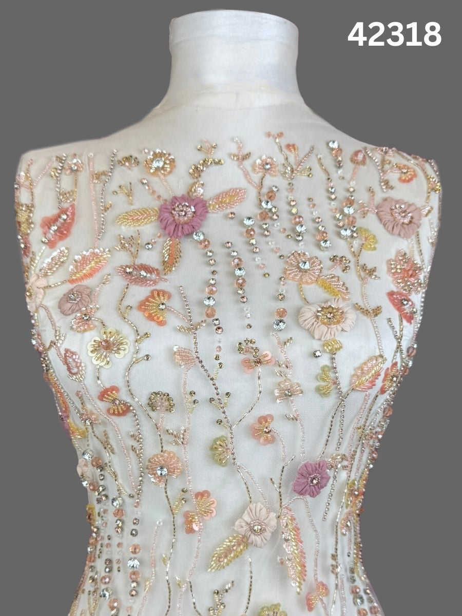 #42318 Exquisite Hand-Beaded Floral Fabric with 3D Appliqués, Rhinestones, Sequins, Beads & Crystals – Luxury Embellished Textile for Couture, Bridal, and Eveningwear