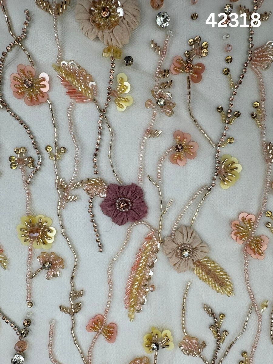 #42318 Exquisite Hand-Beaded Floral Fabric with 3D Appliqués, Rhinestones, Sequins, Beads & Crystals – Luxury Embellished Textile for Couture, Bridal, and Eveningwear