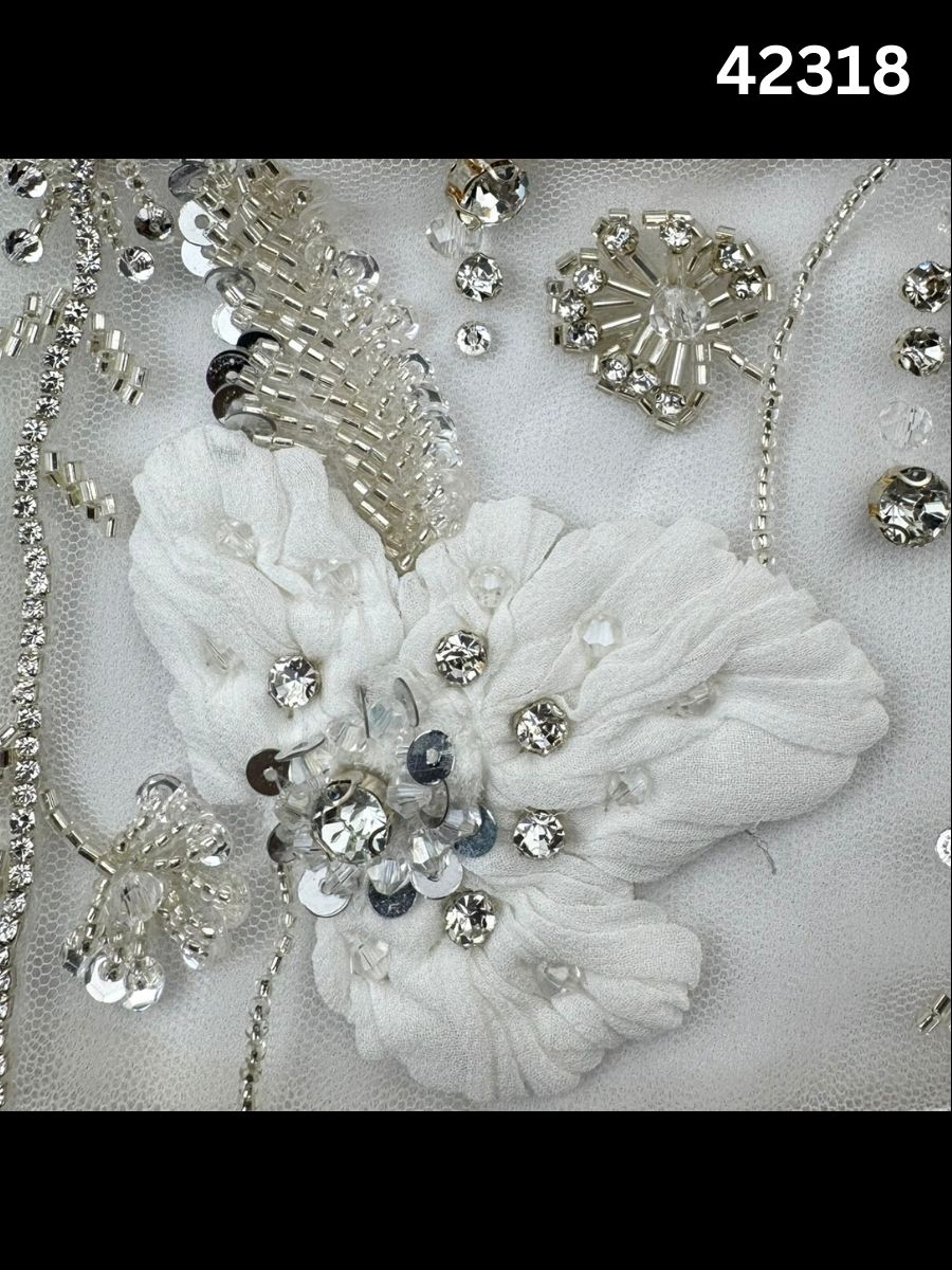 #42318 Exquisite Hand-Beaded Floral Fabric with 3D Appliqués, Rhinestones, Sequins, Beads & Crystals – Luxury Embellished Textile for Couture, Bridal, and Eveningwear