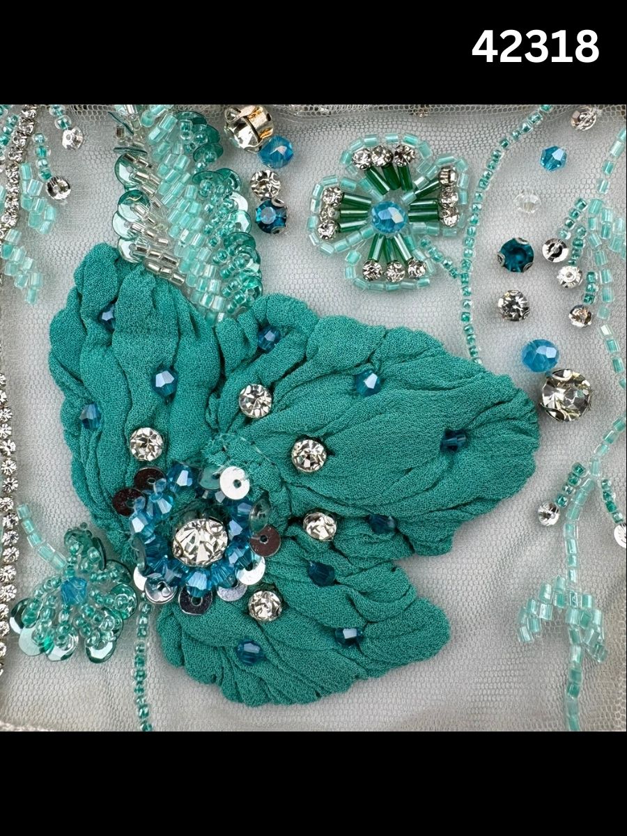 #42318 Exquisite Hand-Beaded Floral Fabric with 3D Appliqués, Rhinestones, Sequins, Beads & Crystals – Luxury Embellished Textile for Couture, Bridal, and Eveningwear