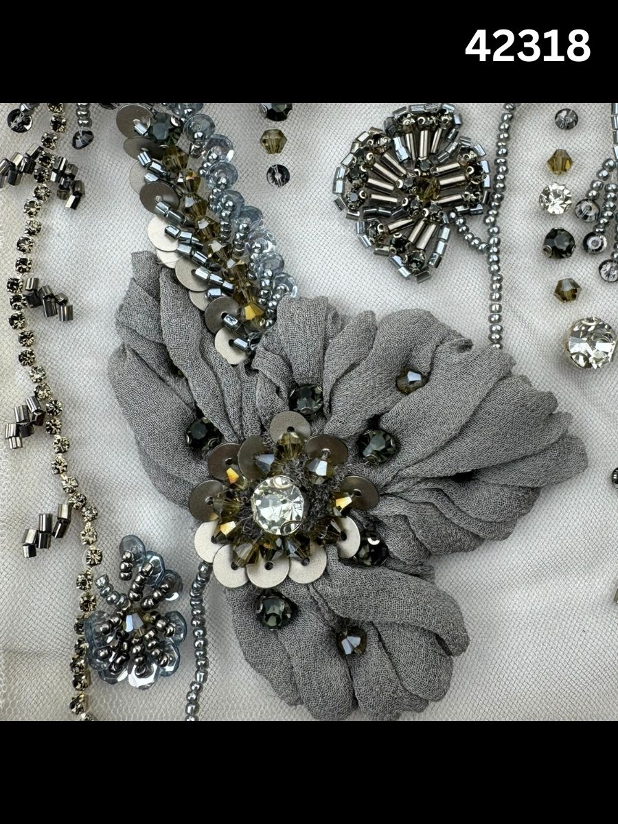 #42318 Exquisite Hand-Beaded Floral Fabric with 3D Appliqués, Rhinestones, Sequins, Beads & Crystals – Luxury Embellished Textile for Couture, Bridal, and Eveningwear